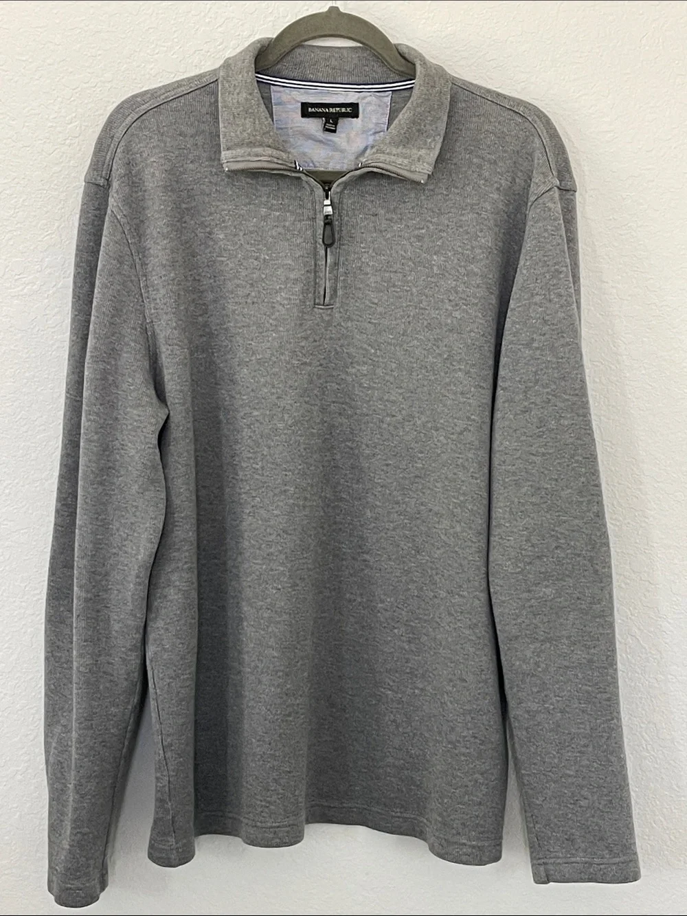 Banana Republic Men’s L Gray 1/4 Zip Pullover Cotton Navy Elbow Patch